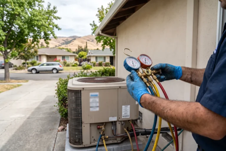 Technician checking refrigerant pressure on an outdoor AC unit